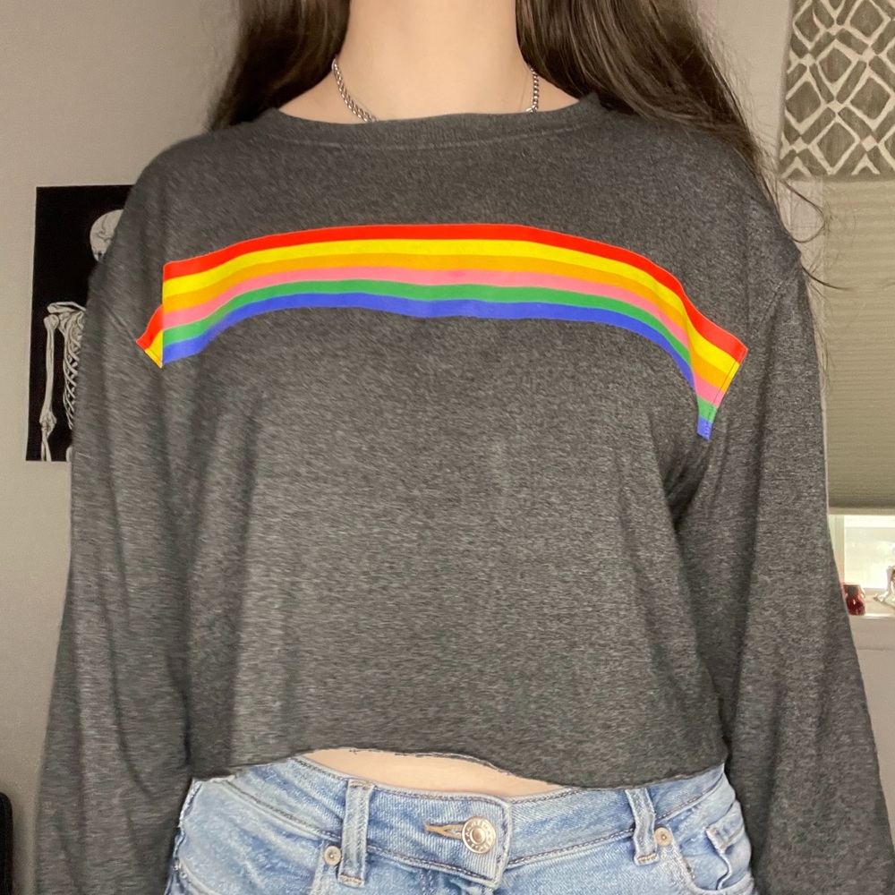 Grey Long Sleeved Cropped Sweatshirt with Rainbow from Forever 21